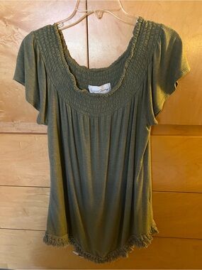 French Laundry Olive Green Smocked Scoop Neck Flutter Sleeve Tunic